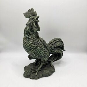 Farmhouse Rooster Statue Rustic Kitchen Decor Green Patina Country Cottagecore